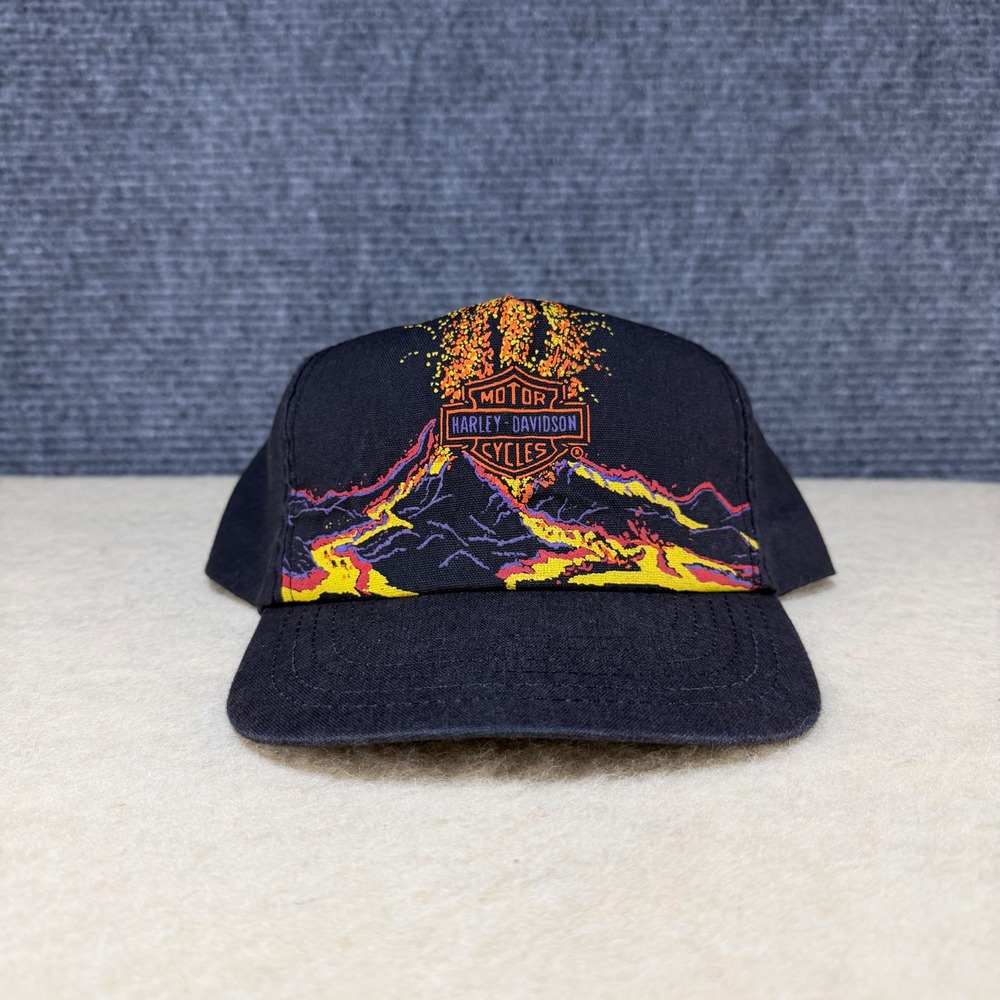 Vintage Harley Davidson Volcano Lava Graphic Snapback Hat Black Trucker Cap